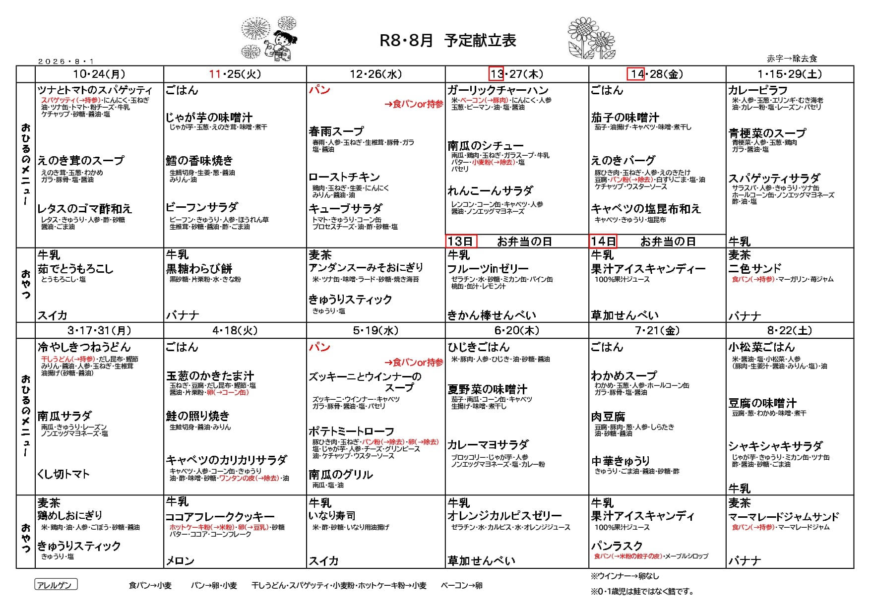 8月予定献立票